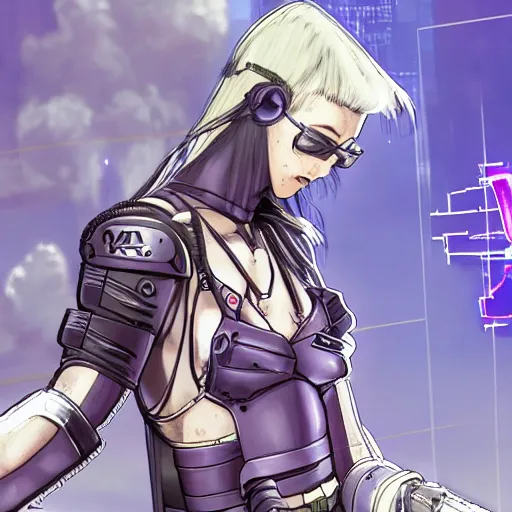 Image similar to Cyberpunk princess doing some wire fix on her gauntlet, anime concept art by Tomoyuki Yamasaki