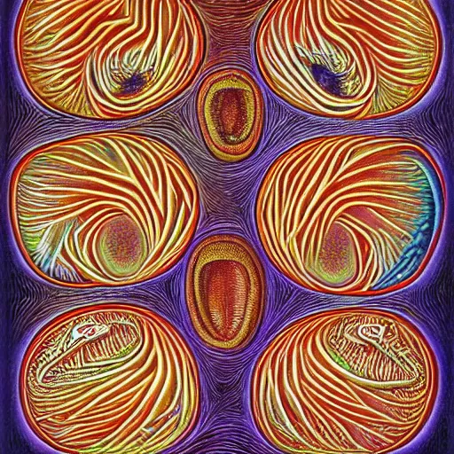 Prompt: Steps of the morphogenesis of a human embryo. Alex Grey style