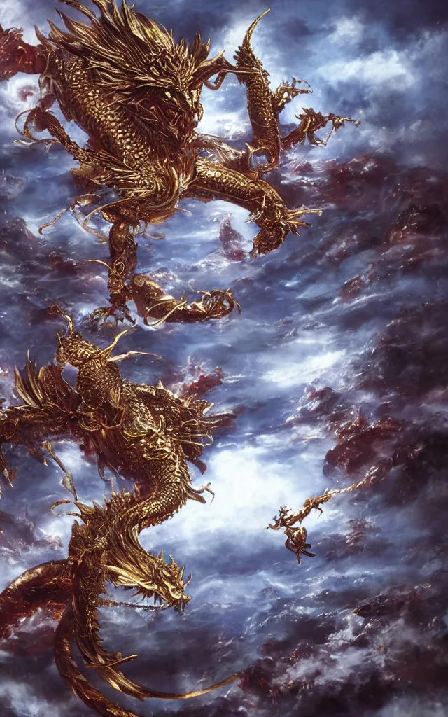 Prompt: by yoshitaka amano golden dragon, epic, legendary, cinematic composition, stunning atmosphere by yoshitaka amano