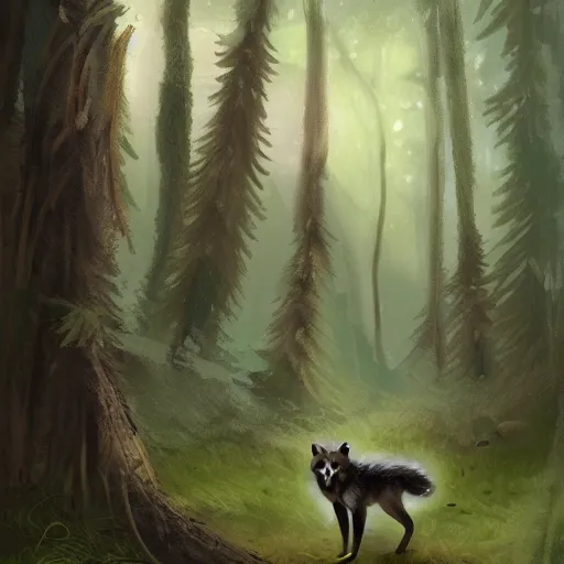 Image similar to a woodland druid in a forest with a wolf bird and racoon, photorealistic, in the style of greg rutkowski, digital painting