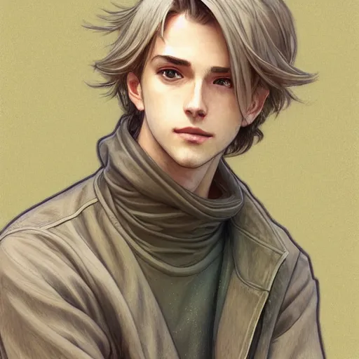 Image similar to young man with short, ash blond greyish hair, light brown eyes, casual clothes, relaxing, happy, path traced, highly detailed, high quality, digital painting, by studio ghibli and alphonse mucha, leesha hannigan, beautiful details, soft and warm