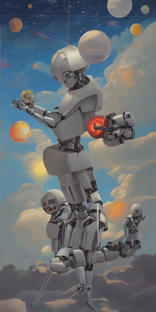 Image similar to a painting by ralph mcquarrie of floating molecules and a robot artist holding an icosahedron with stars, clouds, and rainbows in the background, trending on artstation, masterpiece, incredible details