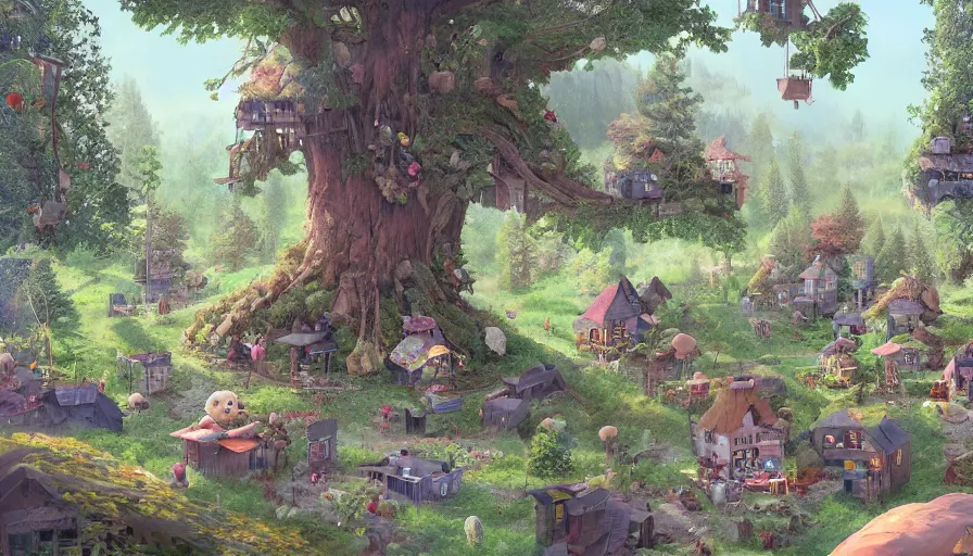 Prompt: Small little village with teddy bears built in a forest with humongous trees, hyperdetailed, artstation, cgsociety, 8k