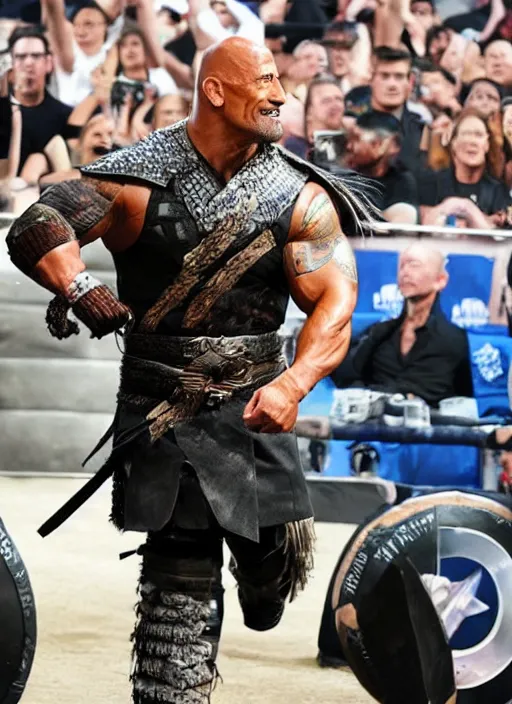 Image similar to dwayne johnson entering entrances ramp of smackdown as samurai!