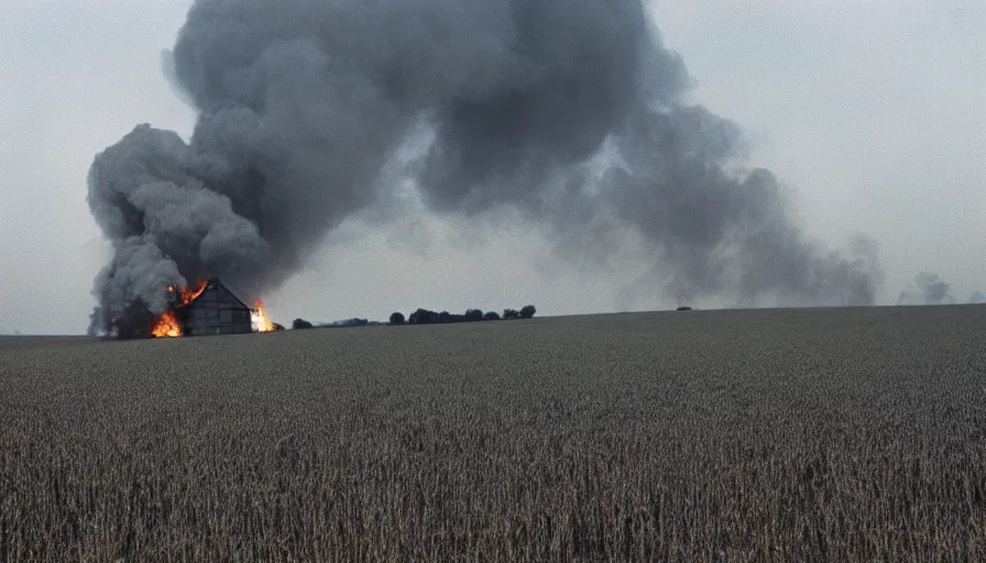 Image similar to 1 9 7 0 s movie still of a heavy burning house in a wheat field, cinestill 8 0 0 t 3 5 mm, high quality, heavy grain, high detail, texture, dramatic light, ultra wide lens, panoramic anamorphic, hyperrealistic