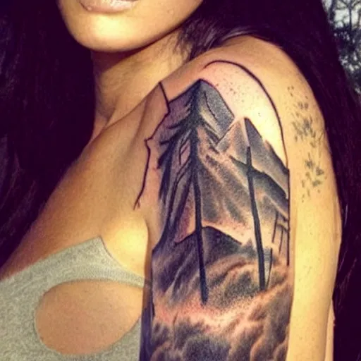 Image similar to tattoo design sketch with double exposure effect, megan fox face faded with beautiful mountain scenery, in the style of matteo pasqualin, amazing detail, pinterest