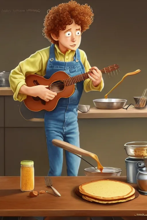 Prompt: young arlo guthrie making pancakes, animation pixar style, by pendleton ward, magali villeneuve, artgerm, rob rey and kentaro miura style, golden ratio, trending on art station