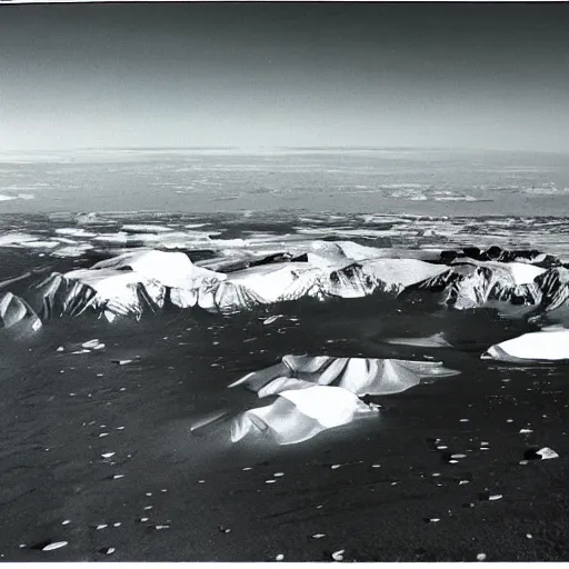 Prompt: strange part of antartica, green valley below, lush and green, green pastures stretch for miles, secret photograph of declassified ufo base in antarctica, operation highjump, black and white recolored, 4 k