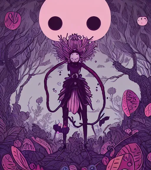 Prompt: portrait, nightmare anomalies, leaves with hollow knight by miyazaki, violet and pink and white palette, illustration, kenneth blom, mental alchemy, james jean, pablo amaringo, naudline pierre, contemporary art, hyper detailed
