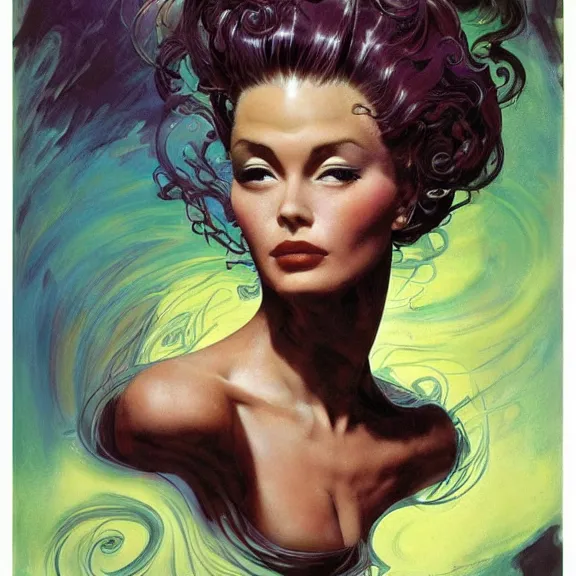 Image similar to portrait of a woman with swirling hair and fractal skin by frank frazetta, retrofuturism, psychedelic art reimagined by industrial light and magic