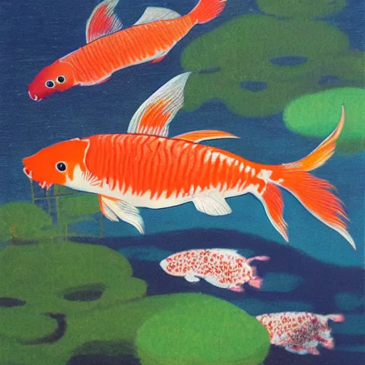 Prompt: a portrait painting of a character in a scenic environment, texture by nobuhiko obayashi, koi carp swimming in the background