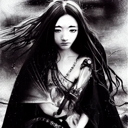 Image similar to yoshitaka amano blurred and dreamy grainy photo of an anime girl with black eyes, wavy white hair and cracks on her face near eyes wearing elden ring armour with the cape fluttering in the wind, abstract black and white patterns on the background, noisy film grain effect, highly detailed, renaissance oil painting, weird portrait angle