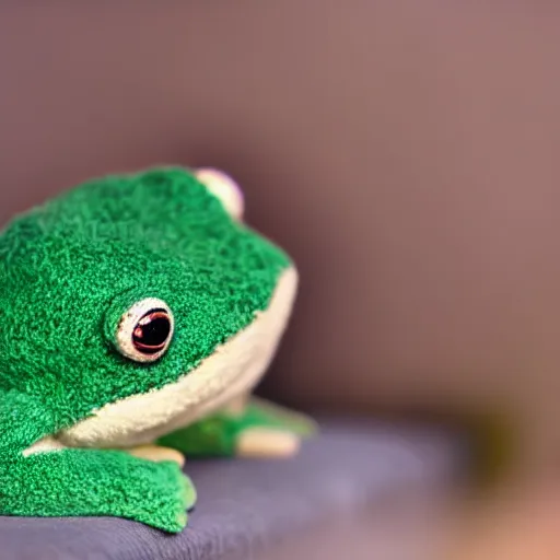 Image similar to cute fluffy plushie frog, cutecore, kawaii, stuffed animal photography,