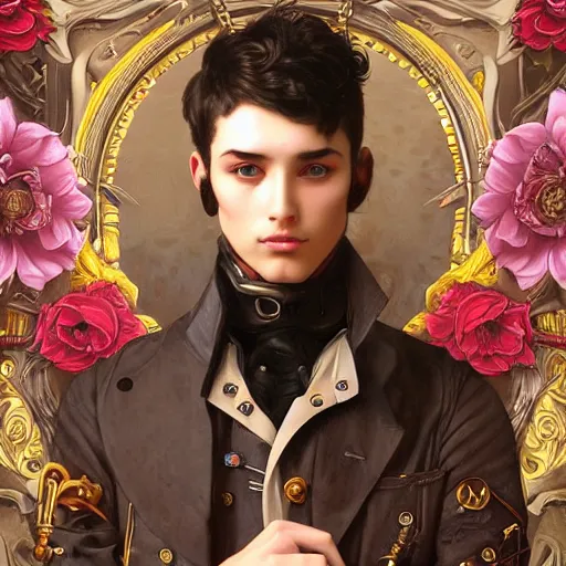 Image similar to a portrait painting of a fantasy steampunk male, highly detailed, art by tristan eaton and artgerm and william - adolphe bouguereau