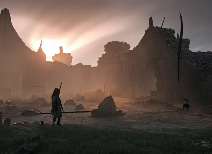 Prompt: a viking riding a giant black cat walks through the ruins of a viking village, horror, dramatic lighting, dawn, by caspar david friedrich, unreal engine 5