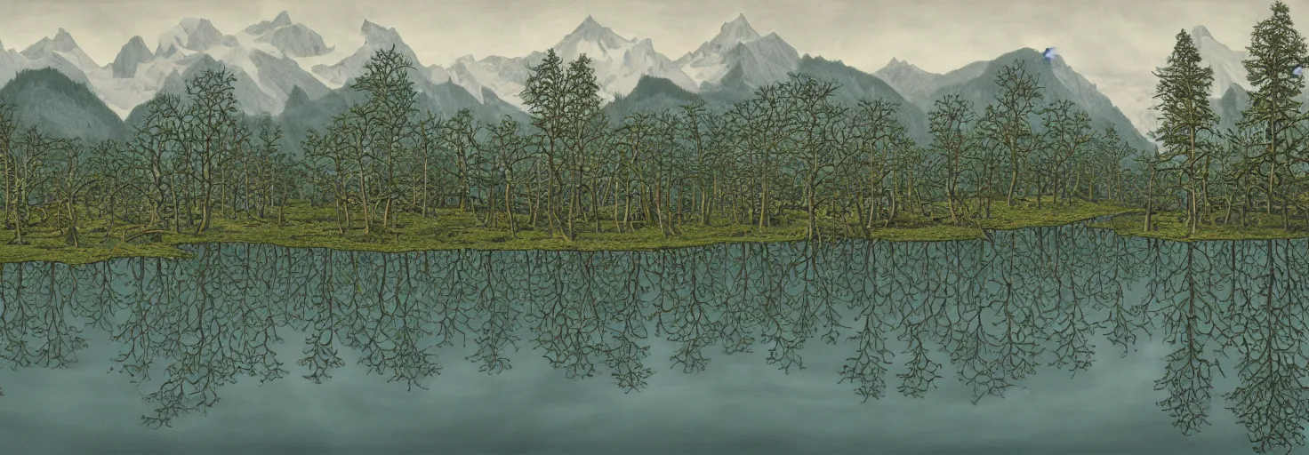 Image similar to escher painting of a lake, big trees reflecting on lake surface, mountains at background, snowy, ultra sharp, ultra detailed, horror emotion, colorized by salvador