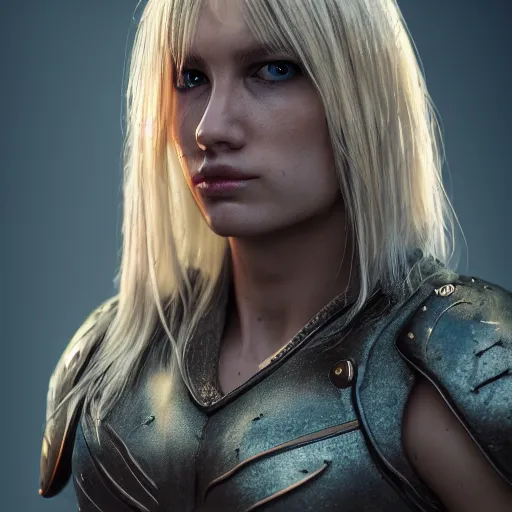 Prompt: legendary blond female warrior, shallow depth of field, moody lighting, 8 k, concept art,