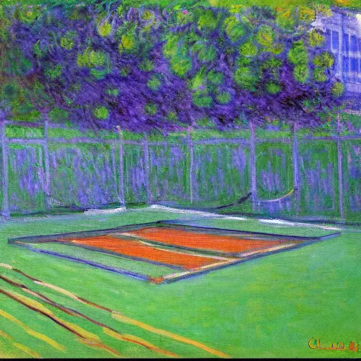 Image similar to tennis court, art by claude monet, impressionism, oil painting, bright colors, advertising painting