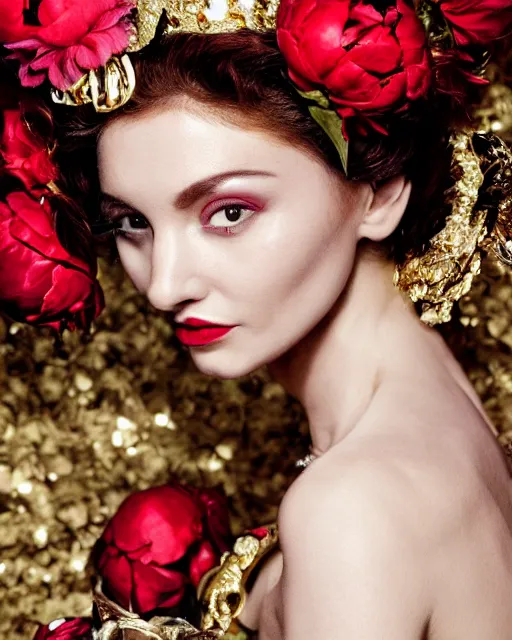 Image similar to portrait of a european woman, closeup, she's on ice, skin shining like a diamond high sharpness, zeiss lens, fashion photo shoot, peony flowers, red hair, red lipstick, against a background of gold, rhinestones on their face, Edward Buba, Annie Leibovitz, Paolo Roversi, David Lazar, Jimmy Nelsson, Eiko Hosoe, artistic, hyper-realistic, beautiful face, octane rendering