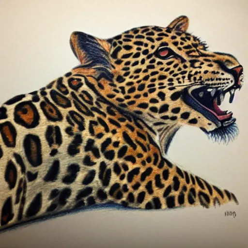 Image similar to colored pencil drawing of a happy leopard