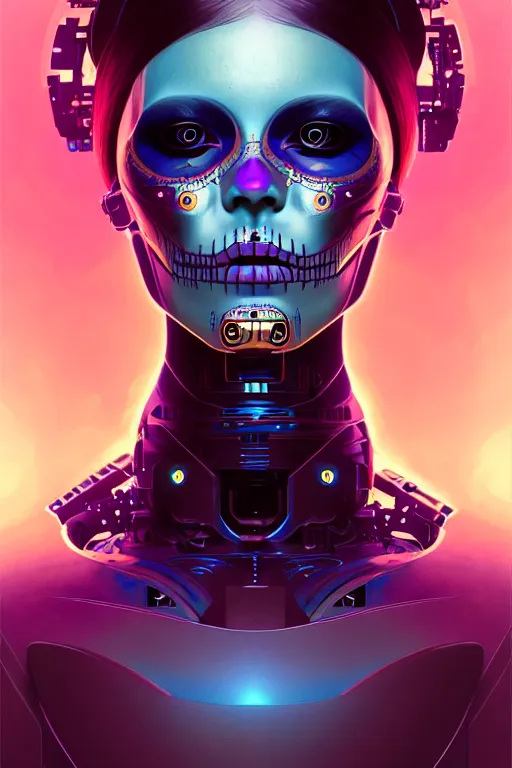 Image similar to ultra detailed, portrait of a female android, sci - fi, triadic color scheme, moody, calm, ( dia de los muertos ), asymmetrical, intricate concept art, art by godmachine and michael welan and dzo and greg rutkowski and alphonse mucha and loish and wlop