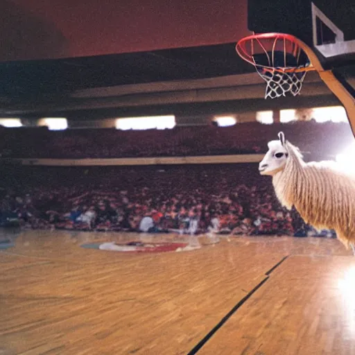 Image similar to film still of a llama in a jersey dunking a basketball like michael jordan, low angle, show from below, tilted frame, 3 5 °, dutch angle, extreme long shot, high detail, indoors, dramatic backlighting