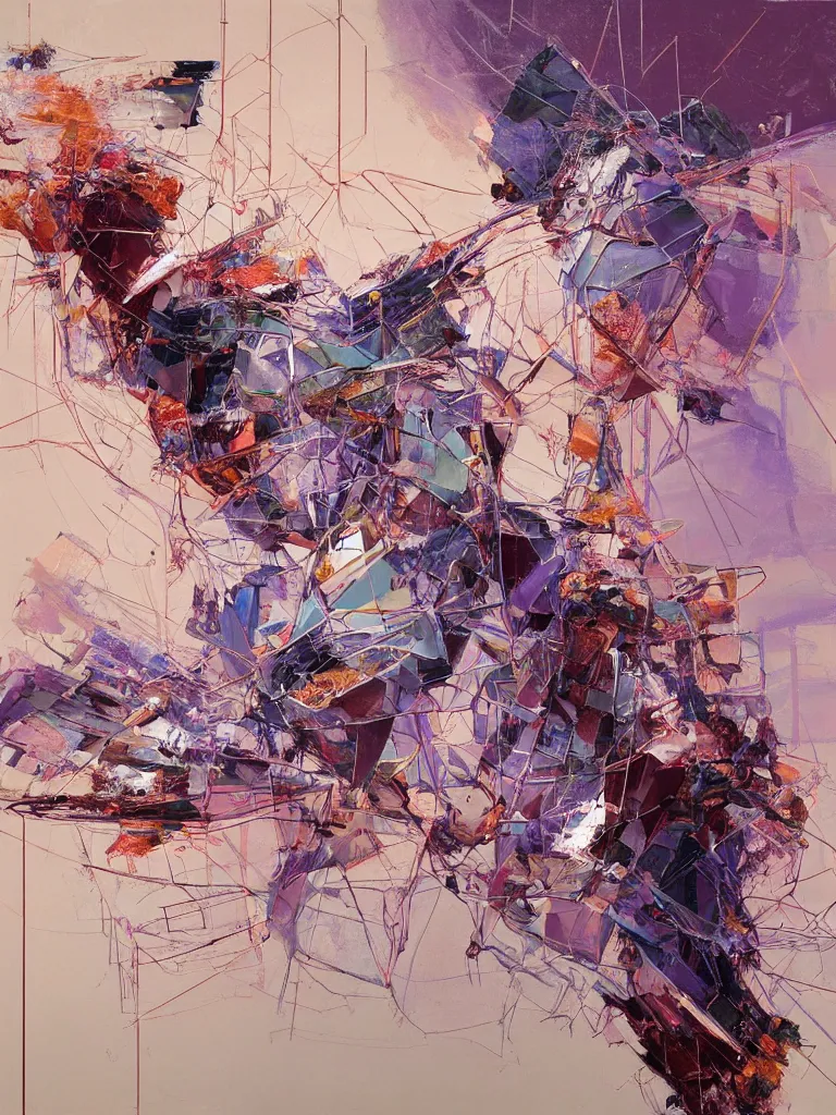 Image similar to a beautiful glitched abstract geometric painting by robert proch and robert heindel of an anatomy study of a mechanical nervous system on spinal structure, color bleeding, pixel sorting, copper oxide and rust materials, brushstrokes by jeremy mann, cold top lighting, pastel purple background