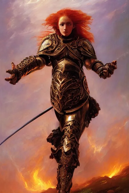 Image similar to beautiful female warrior, half body portrait, ginger hair, ornate armour, in a dynamic pose, realistic oil painting by Thomas Cole and Wayne Barlowe