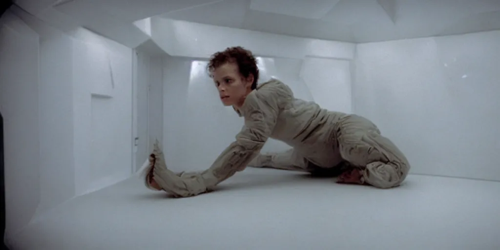 Image similar to a wide shot of Ripley sleeping inside an all-white room of cryogenic sleep chambers by Ridley Scott, Alien movie, grainy, bluish and cream tones