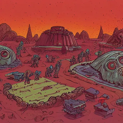 Image similar to extraterrestrial tribe village on ancient post - apocalyptic planet, jim henson creature shop, fantastic planet, robert crumb, graphic, depth of color and shadow, gooey, textured, vivid, cinematic, rough paper, illustration
