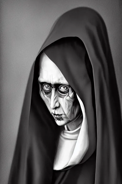 Image similar to portrait, digital painting, an evil nun, black habit, realistic, hyperdetailed, spooky, chiaroscuro, black background, concept art, art by grosz