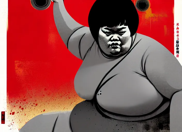 Image similar to duotone red gray illustration 3 / 4 portrait of fat woman fighting bruce lee style. dynamic chaotic composition random golden renaissance proportion. by takato yamamoto, sachin teng, sergei wheelsov, ruan jia and heng z. graffiti art, scifi, sci - fi, hyper detail. octane rendering. concept art. trend on artstation