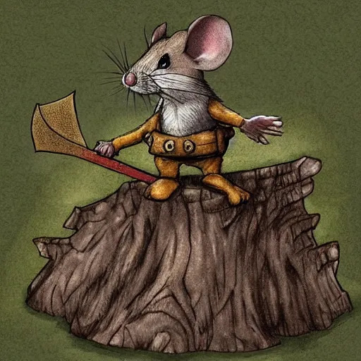 Prompt: Mouse Guard sits on a stump, deep forest, mouse in clothes, holding a sword, realistic paws, by rivuletpaper, rivuletpaper art, Mouse Guard by David Petersen, mouse photo, small details, realistic illustration,