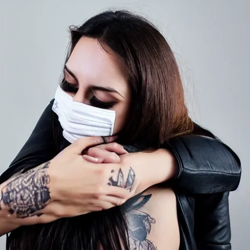 Image similar to Hot young woman, grey skin, void eyeballs, tattoos, wearing a leather jacket, comforting someone in a shroud and mask, hugging them as they cry on her chest