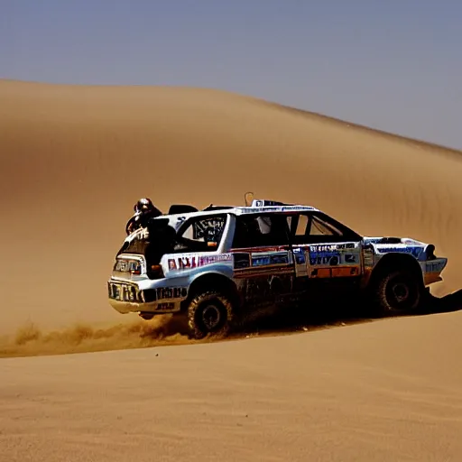 Image similar to grey Honda Civic 2001 jumping over dune desert in the 2003 Dakar rally. Many spectators watch. Honda civic with rusted panels old Cannon Photo 45mm wide angle full view un cropped. 720p photo by Jesse Alexander.