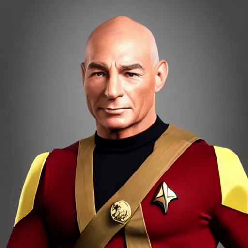 Prompt: digital painting of bodybuilder captain jean - luc picard, starfleet uniform, smooth, elegant, sharp focus, highly detailed