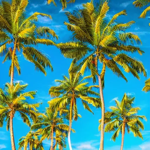 Prompt: surreal palm trees floating floating floating in blue sky, random positions long stems. floating, flying