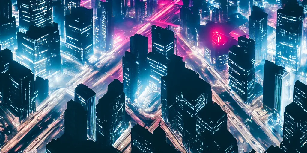 Image similar to megacity streets seen from above, neon signs, giant screens, eerie fog, blade runner, ex machina