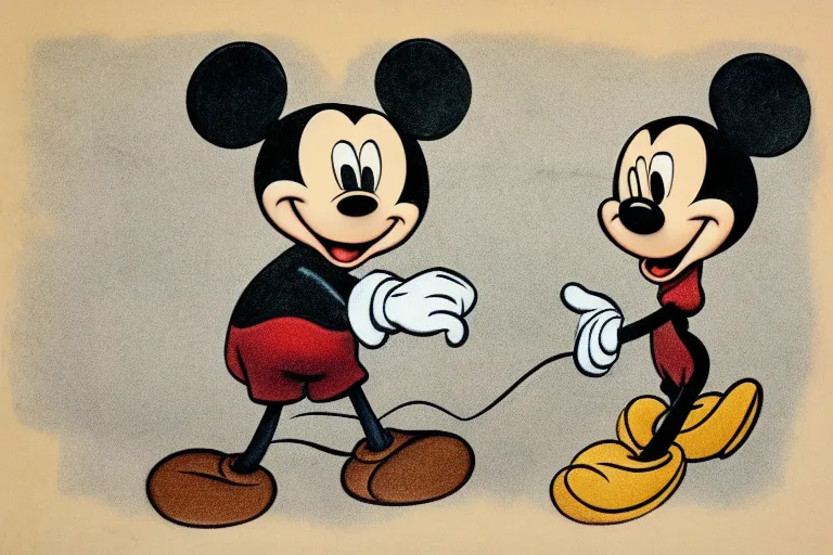 Image similar to detailed background courtroom sketch of vintage disney character mickey mouse presenting evidence of copyright infringement to the judge bench court room wooden serious dark tone vintage early cel animation