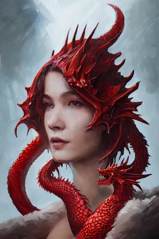 Image similar to a fancy portrait of an attractive dragon women with red dragon scales by Greg Rutkowski, Sung Choi, Mitchell Mohrhauser, Maciej Kuciara, Johnson Ting, Maxim Verehin, Peter Konig, final fantasy , mythical, 8k photorealistic, cinematic lighting, HD, high details, atmospheric,