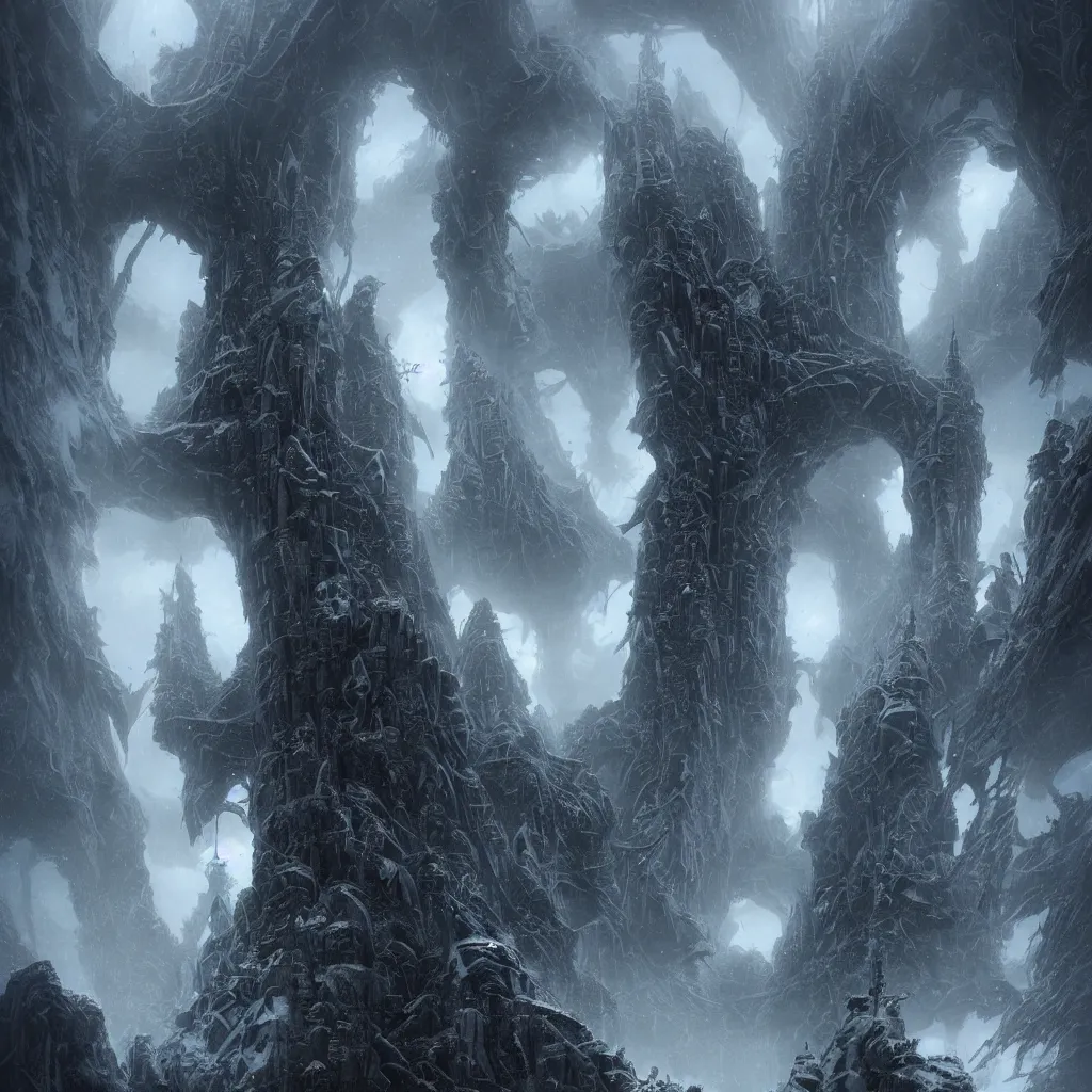 Image similar to a great monolithic lovecraftian alien city of insane towers and gravity defying megastructures in the mountains of antarctica, upward cinematic angle, by rodney matthews, michael kaluta, greg rutkowski and bill sienkiewicz, evil atmosphere, heavy winter aesthetics, stunning composition, tentacle faces, monstrous animal statues, intricate, strange, elegant, digital art, hyperdetailed, colorful hyperrealism, brilliant photorealism, horror, masterpiece, 4k