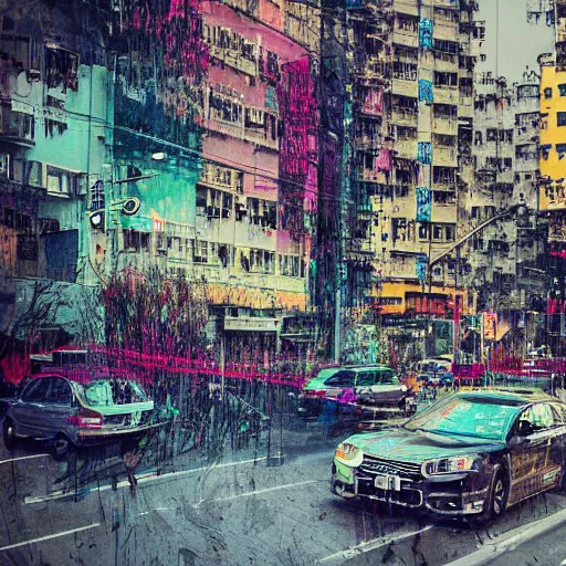 Image similar to a messy portrait of a busy hong kong street corner, in the style of carne griffiths