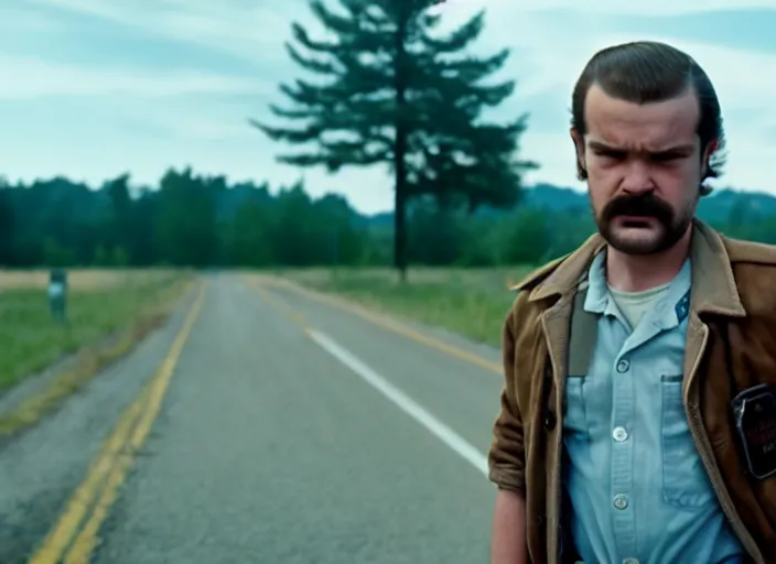 Image similar to film still of jim hopper as steve harrington in stranger things, 8 k