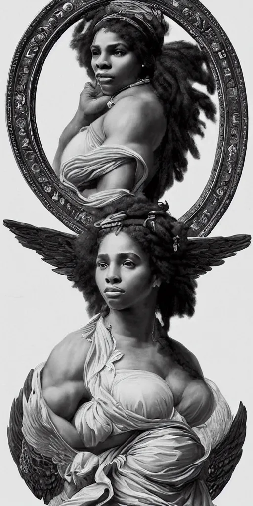 Image similar to Portrait of Serena Williams as Nike Goddess, large wings, luxuriant, dreamy, eternity, romantic, strong pose, highly detailed, in the style of Franz Xaver Winterhalter, highly detailed, in the style of Aetherpunk