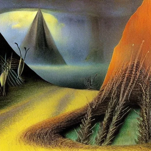 Image similar to painting of a lush natural scene on an alien planet by remedios varo. beautiful landscape. weird vegetation. cliffs and water.