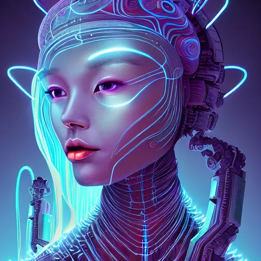 Image similar to ethereal, bioluminescent wired, cybernetic alien princess in the mountains, extremely detailed, sharp focus, portrait, smooth, digital illustration, by james jean, by rossdraws, frank franzzeta, sakimichan