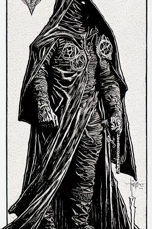 Prompt: wizard in a hooded cloak holding a vile, high details, intricately detailed, by vincent di fate, inking, 3 color screen print, masterpiece, trending on artstation,, sharp, details, hyper - detailed, hd, 4 k, 8 k