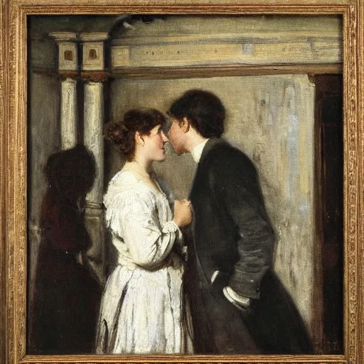 Image similar to a young man and woman chatting in an old theater, by alfred stevens