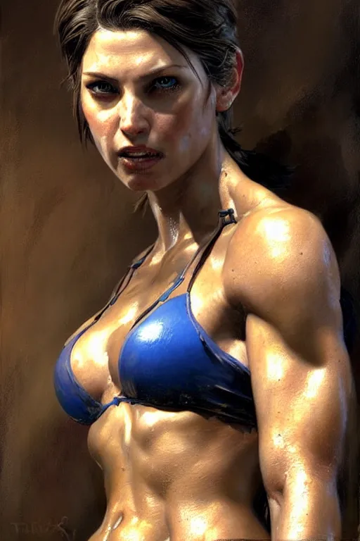 Image similar to muscular sweat jill valentine, covers with mud exhausted face close up, highly detailed painting by gaston bussiere, craig mullins, j. c. leyendecker 8 k