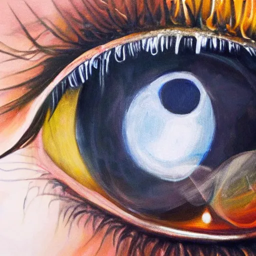 Prompt: a highly detailed photorealistic painting of a human eye with a reflection of outer space